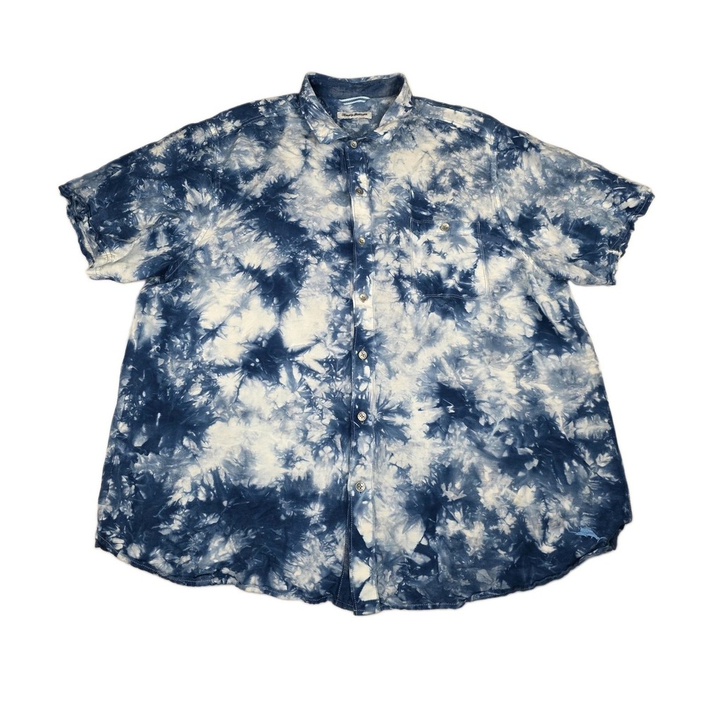 Tommy Bahama Camp Shirt Mens 2XL Poolside Tie Dye Linen Blend Coastal Vacation